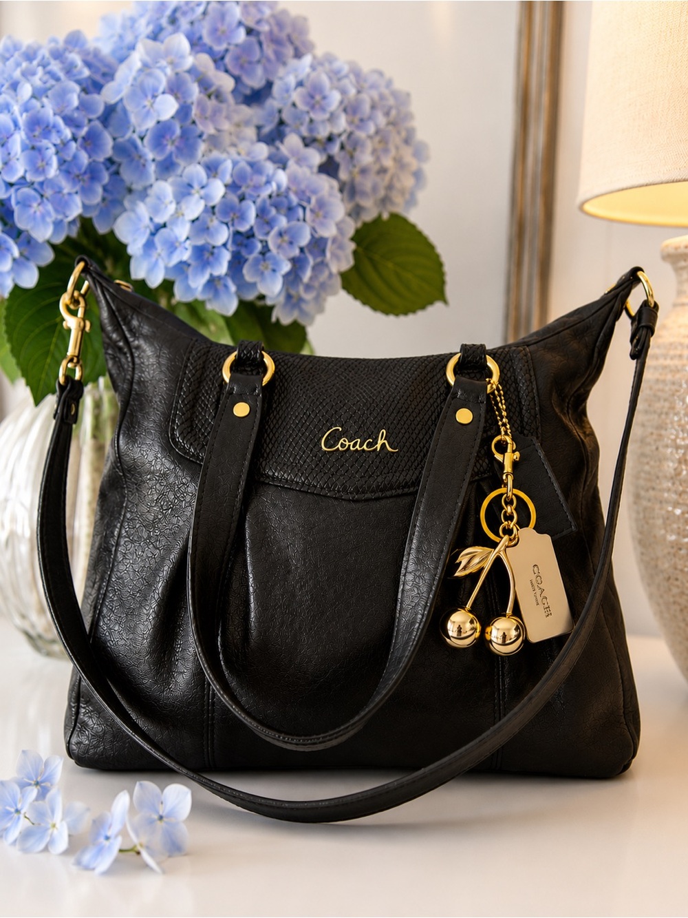 COACH Ashley Black Leather Python Trim Shoulder Bag Large Hobo Tote F20104 S